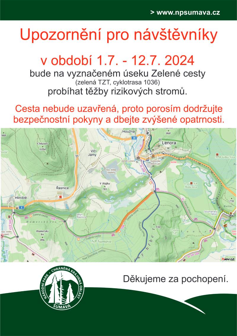 Upozornění pro návštěvníky na kácení rizikových stromů podél Zelené cesty v období od 1. do 12.7.2024