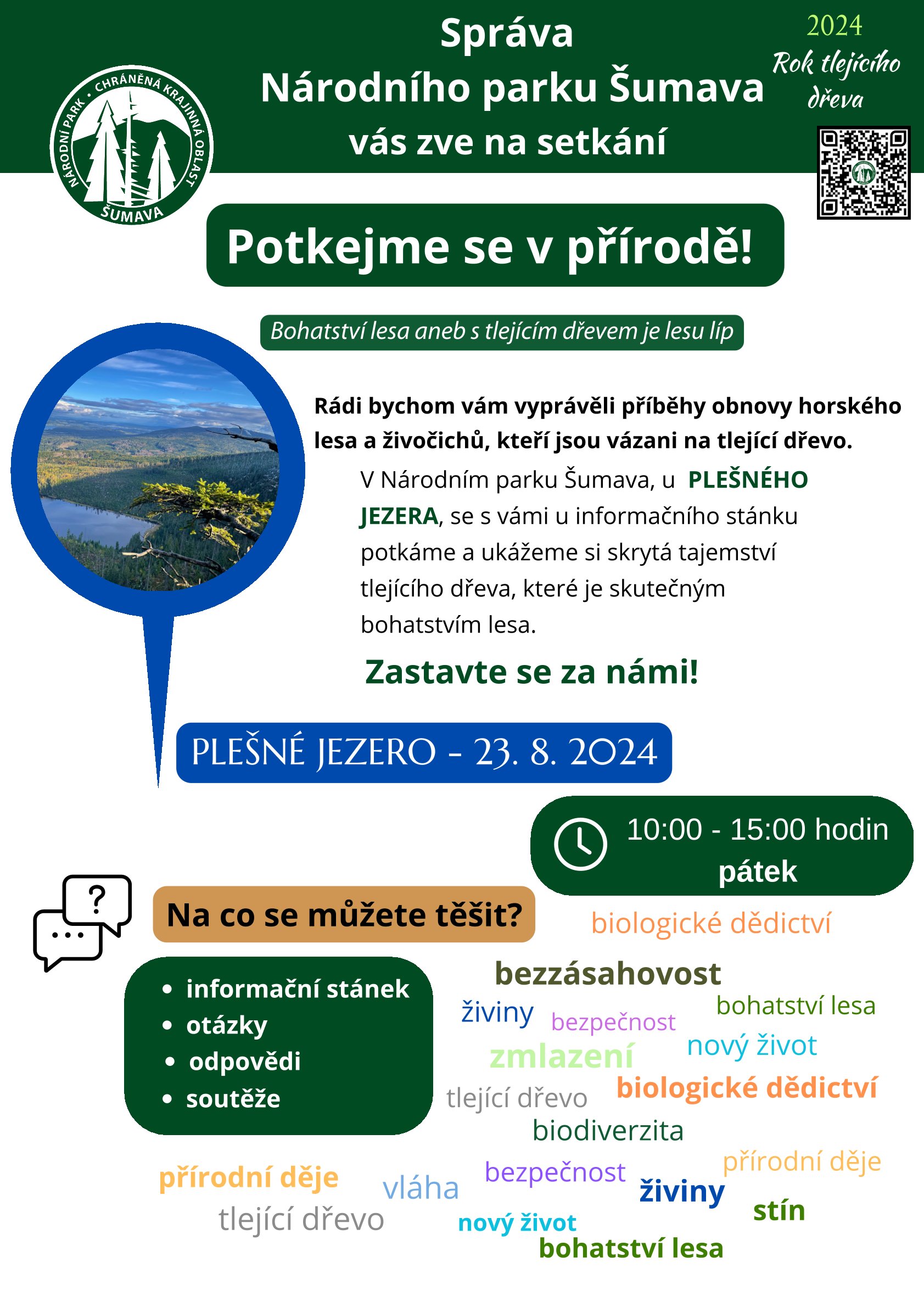 Pozvánka k Plešnému jezeru, kde bude v pátek 23.8.2024 informační stánek k roku tlejícího dřeva