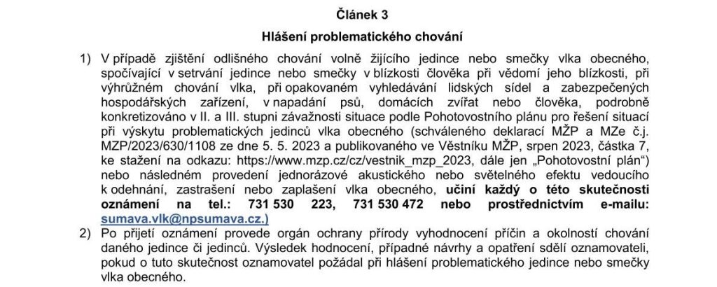 Vyhláška_vlci clanek 3_hlaseni problematickeho chovani